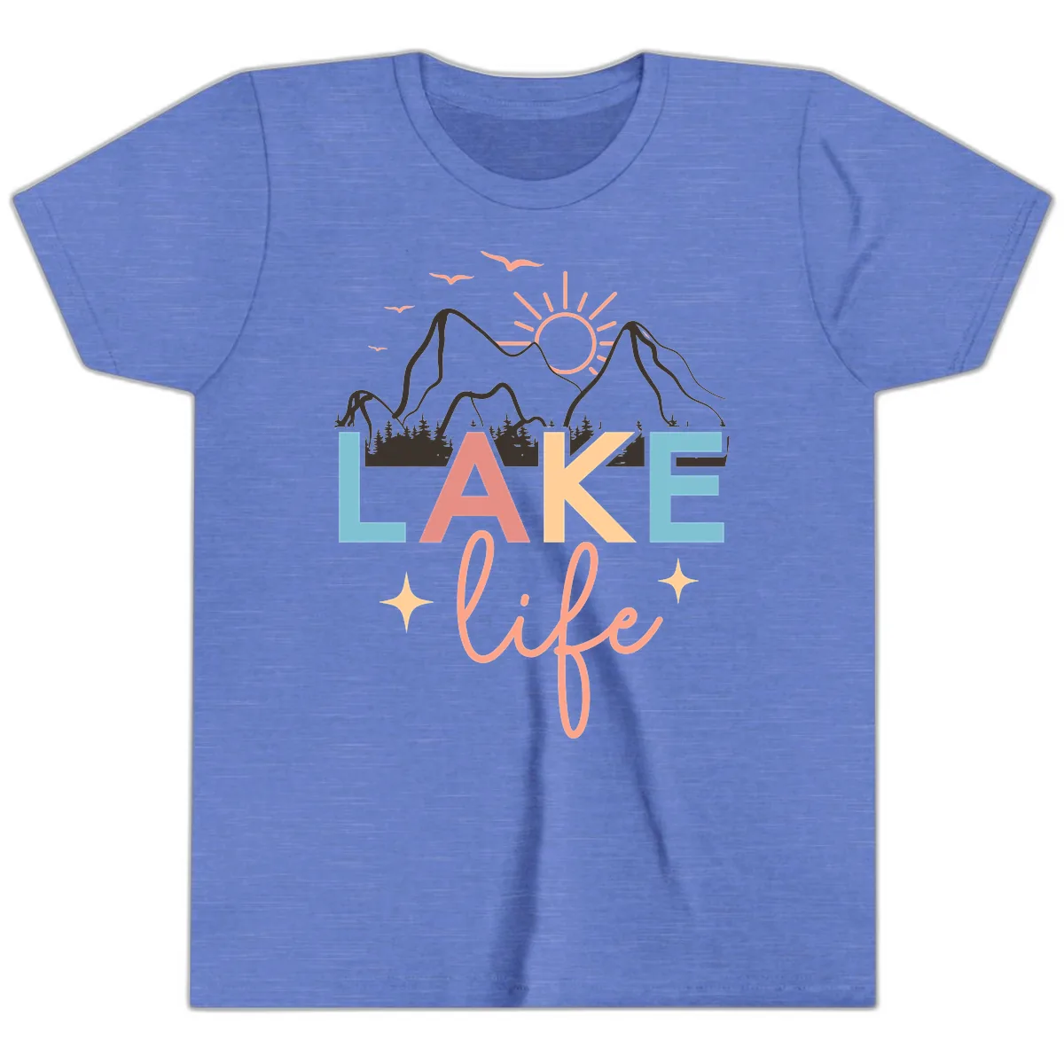 Mountain Lake Life Typography Youth T-Shirt in Heather Columbia Blue